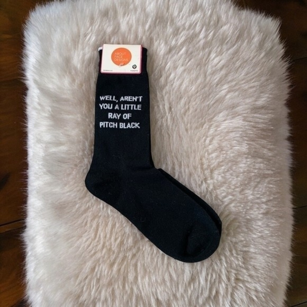 About Face Designs Funatic Funny Socks Women's 5-10 Black Crew Quote NWT